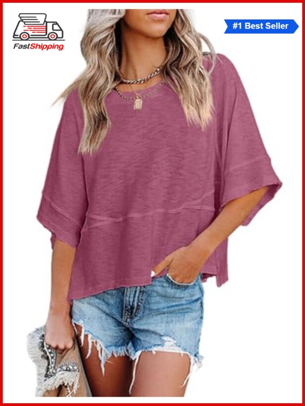Women's Loose Fit Crewneck 3/4 Sleeve Summer T-Shirt Casual Tunic Top